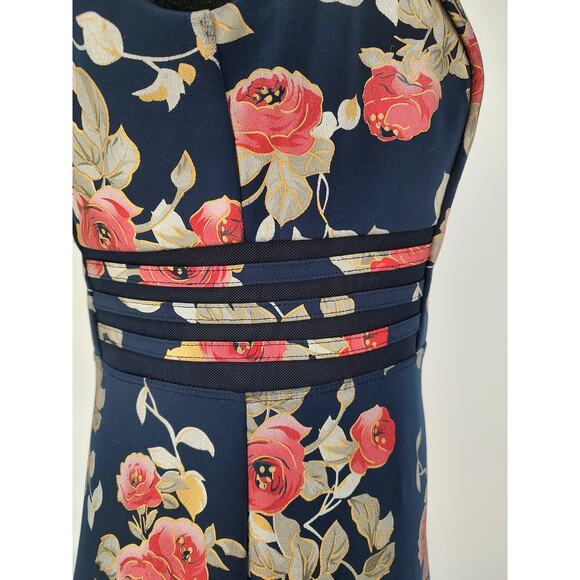 En Focus Studio Woman Blue Floral Sheath Dress Sz 8 Netting Detail Neck & Sides - Picture 5 of 8